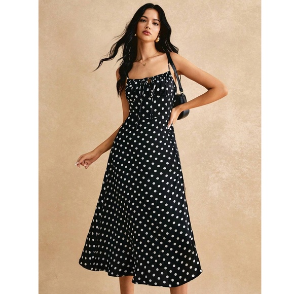 French Style Polka Dot Black Midi Dress Leg Slit - Picture 5 of 16